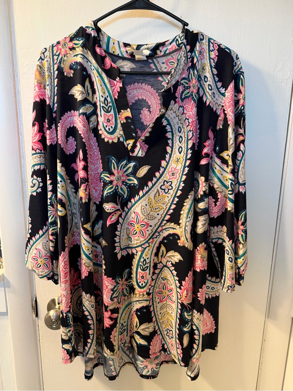 Honeyme Black Paisley V-Neck Tunic with Pink & Cream Accents